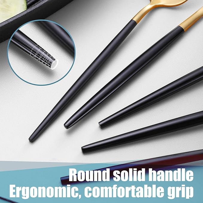 Matte Black Gold Silverware Set for 4,Modern Stainless Steel Brushed Cutlery Set,20-Pieces Heavy Duty Flatware Set,Knives Spoons and Forks Set Utensils Set, Satin Finish, Dishwasher Safe-Ruum Studio Home