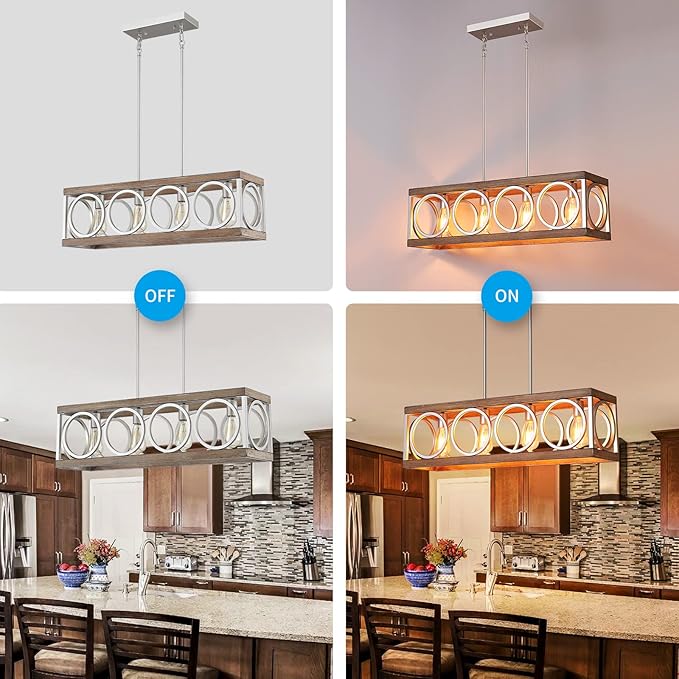 XINGQI Farmhouse Dining Room Chandeliers, Rectangle Vintage Hanging Lighting Fixtures, 4-Light Kitchen Island Lighting, Rustic Metal Chandelier Pendant Light, Antique Wood Grain XY082-Ruum Studio Home