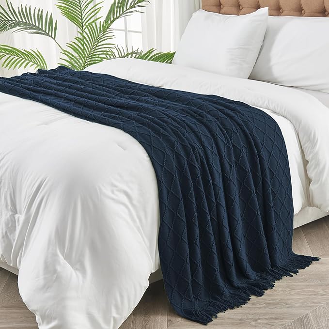 inhand Knitted Throw Blankets for Couch and Bed, Soft Cozy Knit Blanket with Tassel, Dark Blue Lightweight Decorative Blankets and Throws, Farmhouse Warm Woven Blanket for Men and Women, 60"x80"-Ruum Studio Home