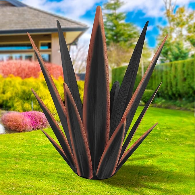 Large Tequila Rustic Sculpture, Rustic Metal Agave Plants for Outdoor Patio Yard, Home Decor Hand Painted Metal Agave Garden Yard Statue, Outdoor Lawn Ornaments Yard Stakes (Black -L)-Ruum Studio Home