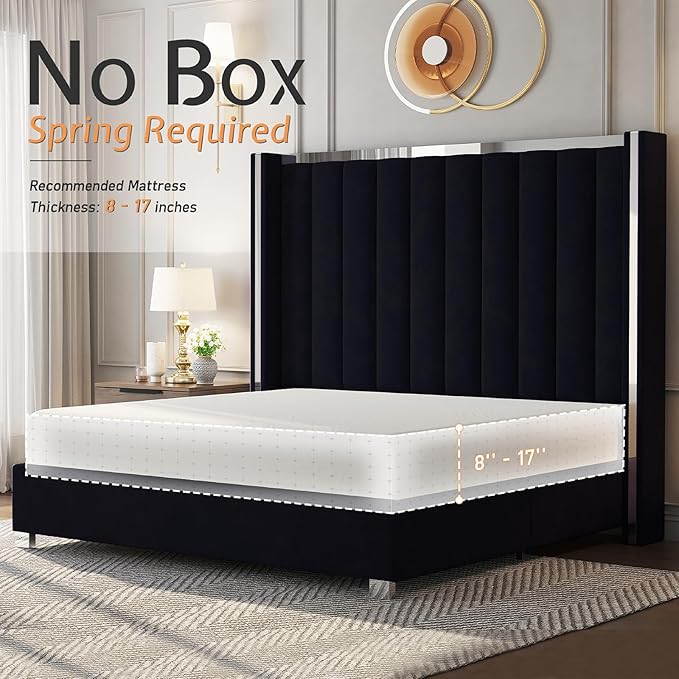 Jocisland King Size Bed Frame with 58" Tall Headboard, Velvet Upholstered Platform Bed with Channel Tufted Wingback Headboard and Plating Trim, No Box Spring Needed, Black-Ruum Studio Home