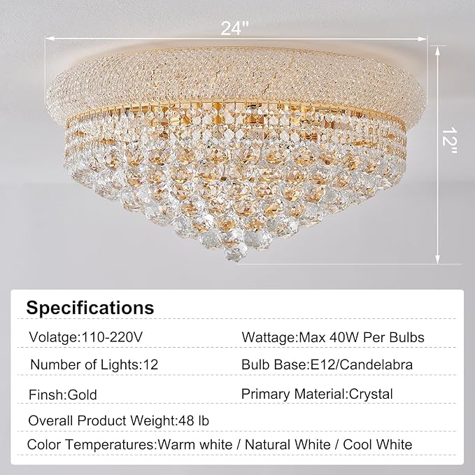 12-Light Crystal Flush Mount Chandelier Ceiling Light Fixture for Living Room Dining Room Bedroom Foyer Entryway Hallway Closet Bathroom (Gold D24)-Ruum Studio Home