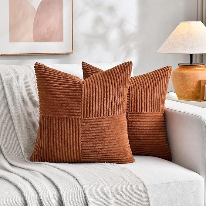 Fancy Homi 2 Packs Rust Decorative Throw Pillow Covers 16x16 Inch for Living Room Couch Bed, Rustic Farmhouse Boho Home Decor, Soft Corss Patchwork Corduroy Square Terracotta Cushion Case 40x40 cm-Ruum Studio Home