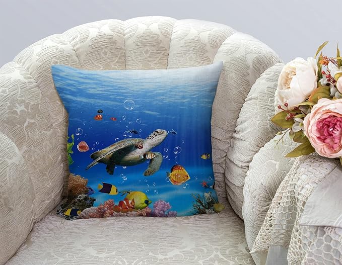TSSOHU Ocean Underwater Marine Life Outdoor Throw Pillow Cover Sea World Animals Tropical Fish with Turtles Coral Decorative Pillows Farmhouse Cushion Cases Home Decor for Couch 18x18 inch-Ruum Studio Home