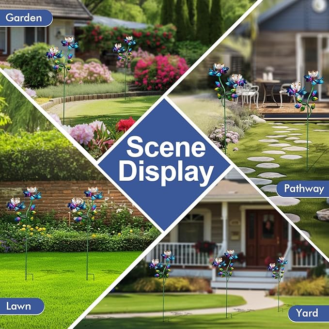 Solar Wind Spinners Blue Twin Flowers for Yard and Garden, Solar Windmill Garden Whirligig Kinetic Spinners Decor for Lawn, Patio, Yard, Metal Wind Outdoor Sculpture-Ruum Studio Home