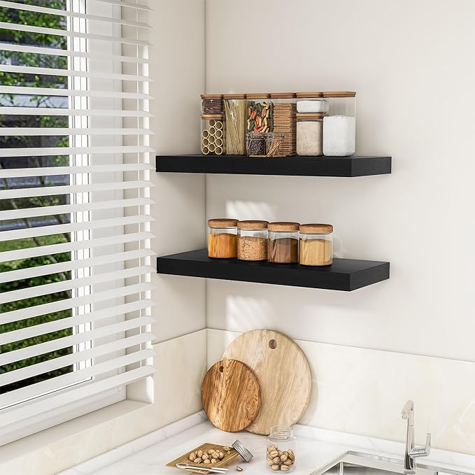 RICHFOCUS 24Inch Floating Shelves for Wall 2 Pack Shelves for Bedroom|Kitchen|Bathroom Wall Mounted Rustic Wood Floating Shelf with Invisible Brackets for Books|Storage|Decor, Black-Ruum Studio Home