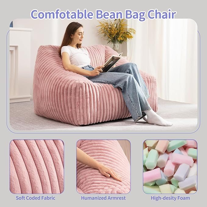 HABUTWAY Bean Bag Chair, Giant Bean Bag Chairs for Adults and Kids, Bean Bag Sofa, Lazy Floor Sofa, Faux Fur Beanbag Chair with Armrests for Living Room Bedroom (Pink)-Ruum Studio Home