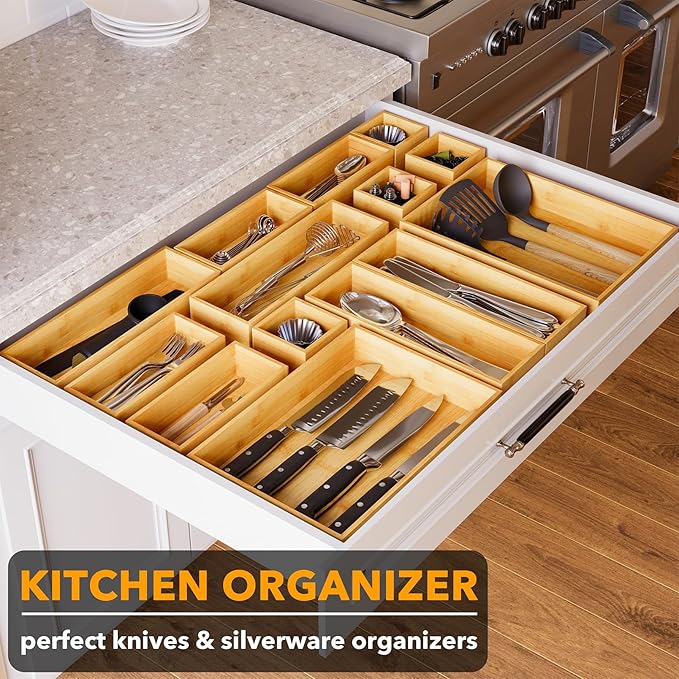 SpaceAid 14-Piece Bamboo Drawer Organizer Storage Boxes Set, Wood Tray Junk Drawer Organizers Multi-Use Divider Bins for Kitchen, Bathroom, Office Desk and Makeup Organization (14 Pack, Natural)-Ruum Studio Home