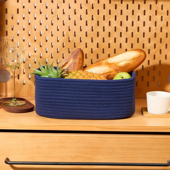 Small Storage Baskets for Organizing | Closet Organizer Bins | Shelf Toy Basket | Woven Rope Baskets | Cube Decorative Box | Shallow Basket | 13x8.5x5.1” | 3 Packs Navy Blue-Ruum Studio Home