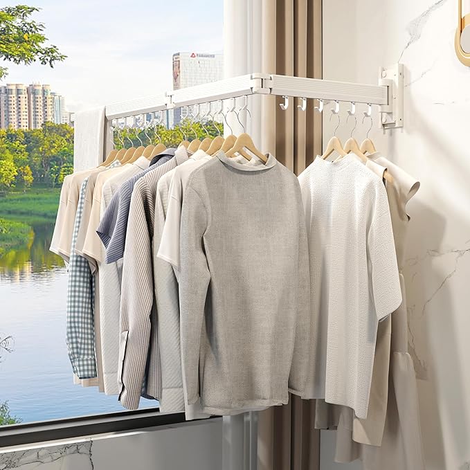Laundry Rack Wall Mounted,Clothes Drying Rack,Drying Rack Clothing,Clothes Rack,Laundry Hanger Rack,Laundry Drying Rack,Drying Rack Wall Mounted,Retractable ,Collapsible,White Color（J-type Hooks）-Ruum Studio Home