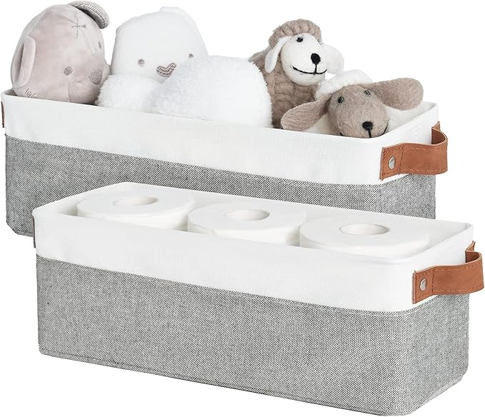 StorageWorks Narrow Storage Bins, Small Basket for Closet and Shelves, Fabric Organizer with Handles, Toilet Paper Storage, Grey and White, 2-Pack-Ruum Studio Home