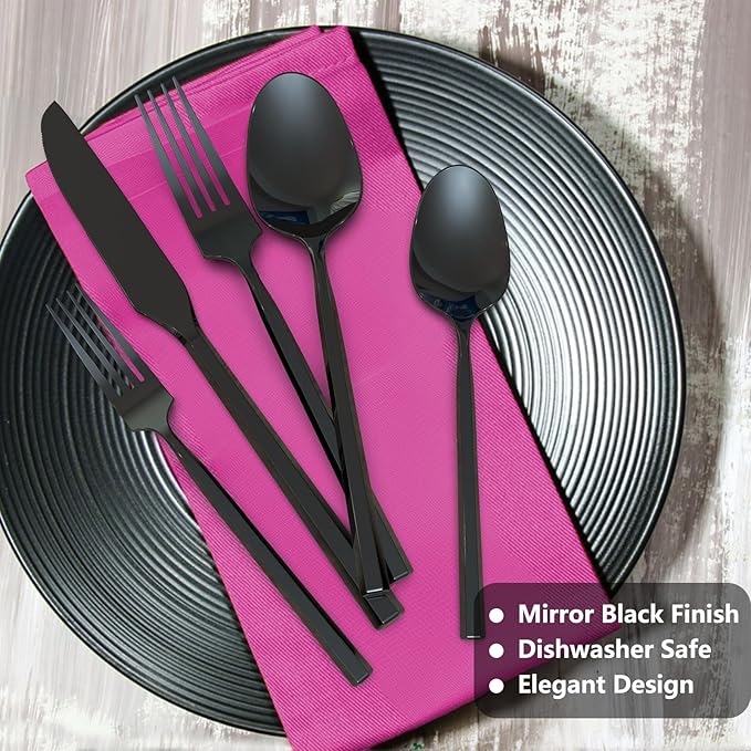 Black 20 Piece Stainless Steel Silverware Set, Handle Flatware, Modern Mirror Finish Cutlery Set, Service for 4, Dishwasher Safe-Ruum Studio Home