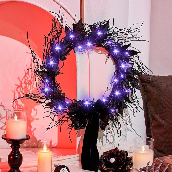 JORNOY 16inch LED Halloween Wreath with Battery Timer - Black Artificial Leaves&Silk Ribbon Decor Hanging for Front Door, Mantel, Porch, Wall, Party Decorations-Ruum Studio Home