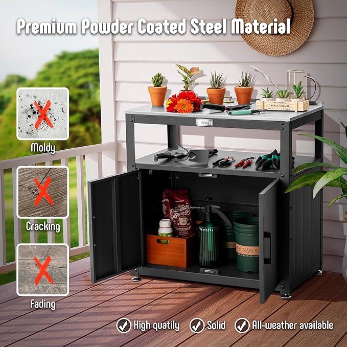 Garden Potting Bench with Storage Cabinet,Outdoor Gardening Table & Work Bench for Plants, Horticulture,Outdoor Workstation with Stainless Steel Tabletop,Outdoor Work Table-Ruum Studio Home