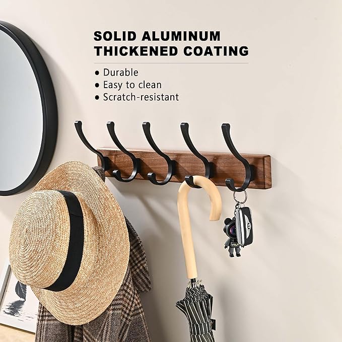 2 Pack 17.3" Small Wooden Coat Rack Wall Mounted with 5 Hooks, Entryway Wall Hooks Coat Hanger for Hanging Towel Clothes Hat Backpack Shoe Purse Key Holder Multi Hook Rail by Black Walnut Wood-Ruum Studio Home