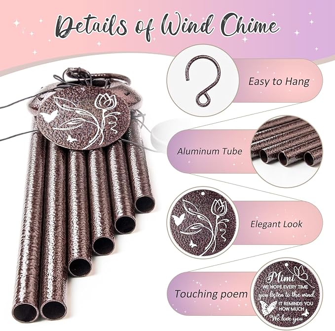 Gifts for Mimi, 25''Wind Chimes, Birthday Gift for Mimi from Grandkids, Mothers Day, Thanksgiving, Christmas Day Gifts Ideas for Love Rreminder-Ruum Studio Home