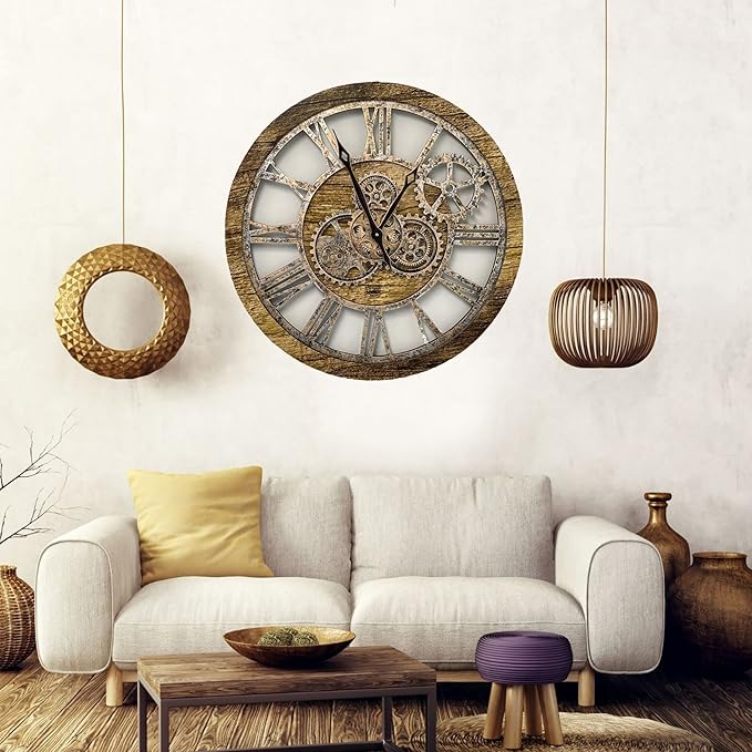 The Gears Clock The Original Real Moving Gear Wall Clock Vintage Industrial Oversized Rustic Farmhouse (24 inch (60cm),Gold Antique)-Ruum Studio Home