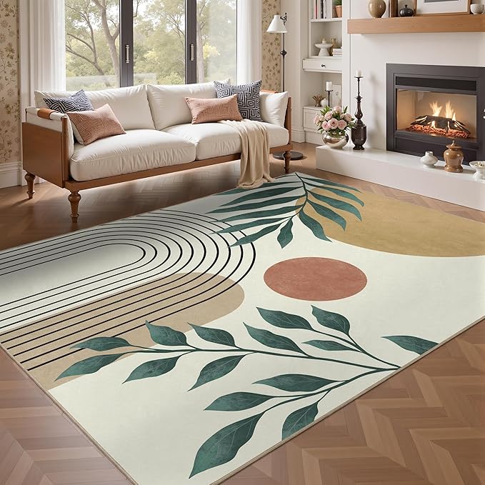Indoor Outdoor Area Rug, Mid Century Sun Outdoor Patio Rug,Washable Abstract Art Leaves Eucalyptus Runway Rugs Non-Slip Carpet for Camping, Bedroom, Deck(8x10)-Ruum Studio Home