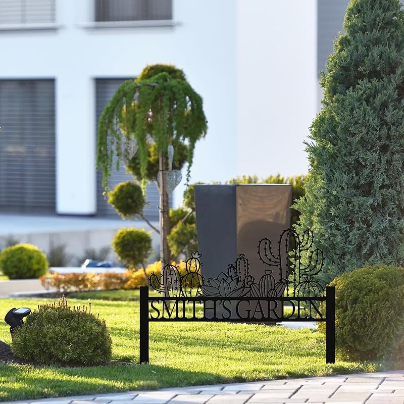 Personalized Cactus Metal Garden Sign, Large Garden Decoration Metal Sign with Stakes, Custom Gardener Family Name Sign, Cactus Decor for Outdoor, Patio Decorative, Yard Art, New Home Gift-Ruum Studio Home