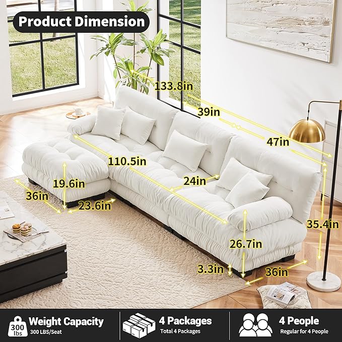 Modern L-Shaped Couch, 3-Seater Cloud Couch with Round Bolster Armrests, Oversized Loveseat Sectional Sofa, Chenille Fabric, White-Ruum Studio Home