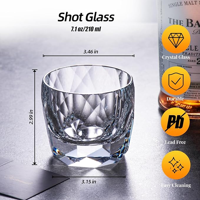 KAMMAK Crystal Whiskey Glasses Set of 2, 7.1oz Old Fashioned Glasses Stemless, Hand Blown White Cocktail Glasses, Luxury Handcrafted Cut Ice Ball Cup for Women, Perfect Men Gift for Bourbon-Ruum Studio Home