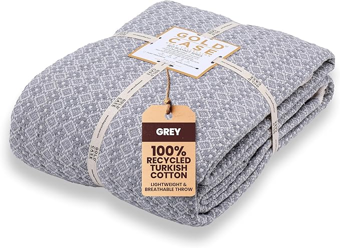 Gold Case Throw Blanket for Bed – 100% Recycled Turkish Cotton Bed Blanket – Decorative Throw Cotton Blankets for Living Room & Bedroom – Retro Grey Woven Queen Blankets – 90x90-Ruum Studio Home