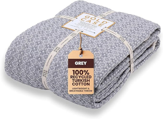 Gold Case Throw Blanket for Bed – 100% Recycled Turkish Cotton Bed Blanket – Decorative Throw Cotton Blankets for Living Room & Bedroom – Retro Grey Woven Queen Blankets – 90x90-Ruum Studio Home