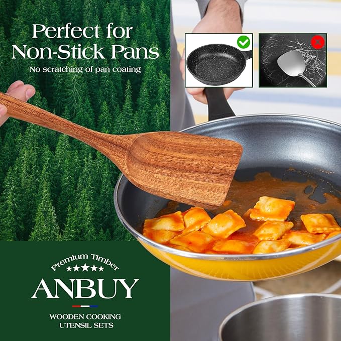 ANBUY Teak Wood Kitchen Utensils Set, Heat Resistant Wooden Spoons for Cooking, 10 Pcs Cooking Utensils Set Wooden, Wood Utensils Set for Cooking Food-Ruum Studio Home