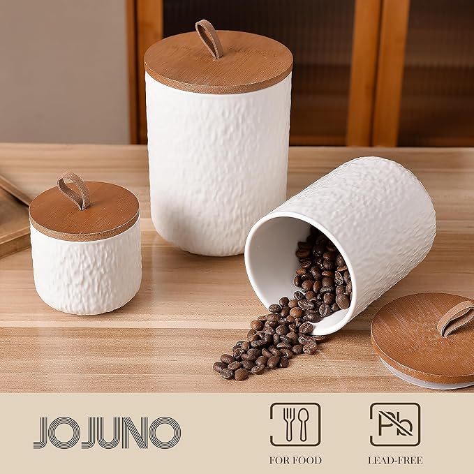JOJUNO White Ceramic Canister Set with Wooden Lid, 3-Piece Airtight Food Storage Jars for Kitchen Counter - Flour, Sugar, Coffee, Tea, Spice - Small, Medium, Large Sizes - Stone Texture-Ruum Studio Home