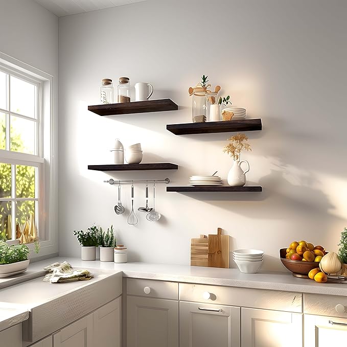 Brown Wood Floating Shelves for Wall Rustic Wall Shelves for Bedroom Set of 6-Ruum Studio Home