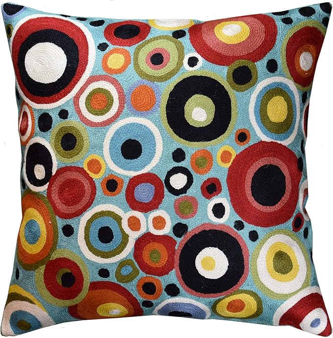 Turquoise Polka Dots Decorative Pillow Cover Contemporary Pillowcase Blue Modern Outdoor Chair Cushion Throw Sofa Couch Cushions Hand Embroidered Wool 18x18-Ruum Studio Home