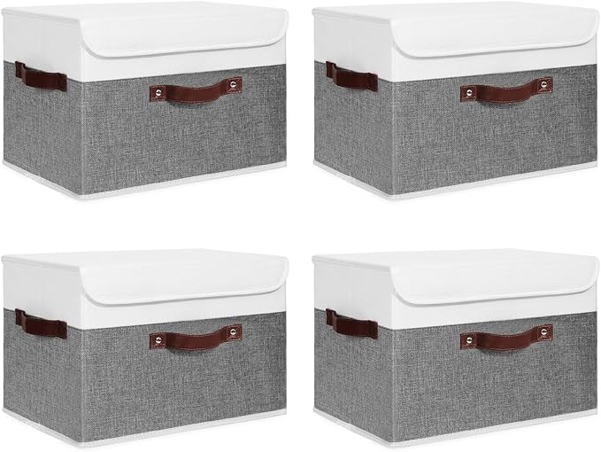 ANMINY 4PCS Storage Boxes with Lid Washable Decorative Storage Bins Basket with PU Leather Handle Foldable Linen Fabric Storage Cubes Containers for Home Closet Organizer - Gray White, Large Size-Ruum Studio Home
