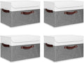 ANMINY 4PCS Storage Boxes with Lid Washable Decorative Storage Bins Basket with PU Leather Handle Foldable Linen Fabric Storage Cubes Containers for Home Closet Organizer - Gray White, Large Size-Ruum Studio Home