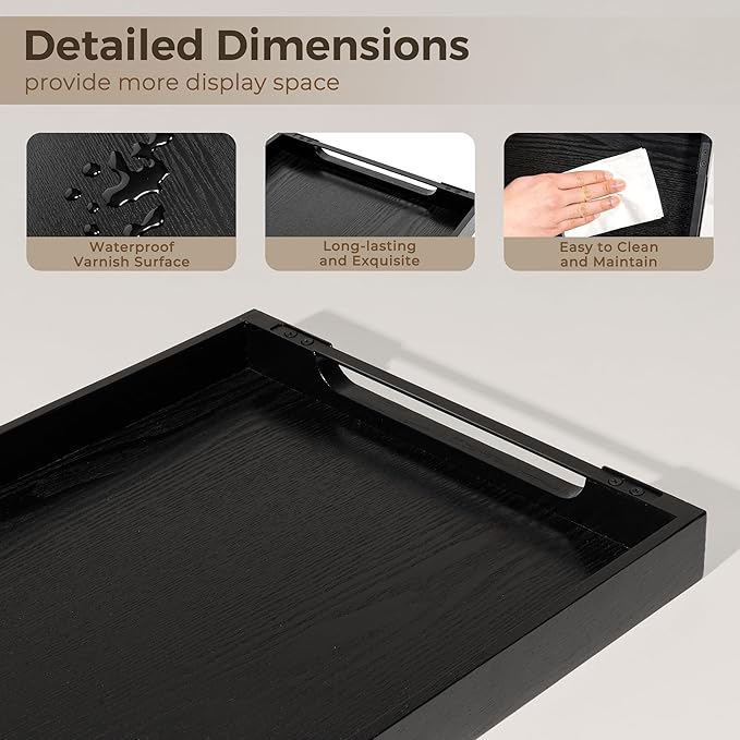 Axeman Wooden Serving Tray with Metal Handles|Ottoman Tray for Breakfast, Bed, Couch|17x13in Ash Wood Coffee Table Trays|Food Drinks Decorative Storage Boards for Ottoman Kitchen, Black-Ruum Studio Home