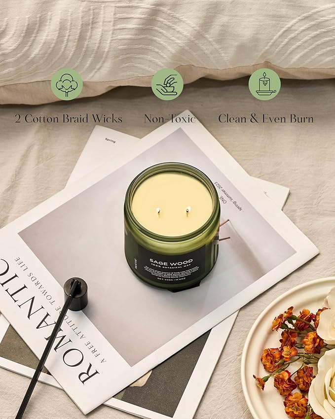 M&SENSE Sage Wood Scented Candle, 11.6oz 70 Hours Long Lasting Clean Non Toxic All Natural Soy Wax Candle for Relaxing & Stress Relief, 2 Wick Home Fragrance Gifts for Home Decor-Ruum Studio Home
