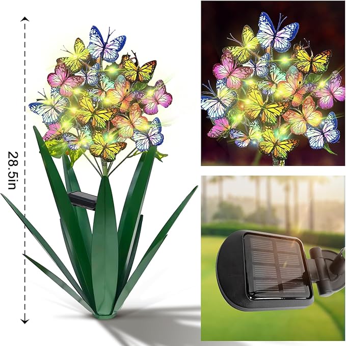 Homight Solar Metal Agave Butterfly Flower Stick Garden Sculpture - Outdoor Christmas Lights With Swaying Butterfly Sunflower - Solar Outdoor Gift (3 PCS Green)-Ruum Studio Home