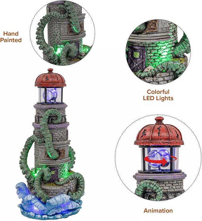 Lighthouse Attack Kraken Theme Spooky Halloween Village Multi-Color LED Lights, Animated Rotating Food Light and Music 6" x 5.5" x 12"-Ruum Studio Home