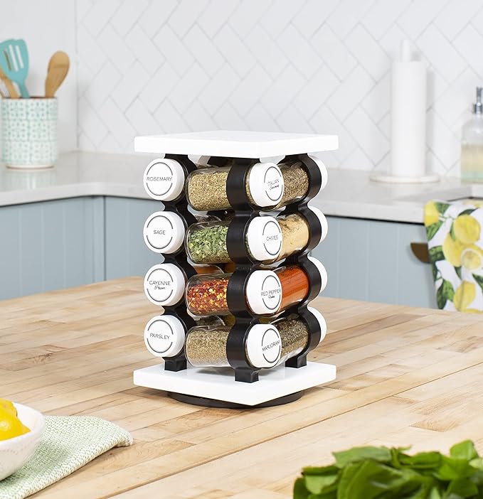 Orii Spice Rack 16 Jar Set White Filled with Spices - Rotating Standing Rack Shelf Holder & Countertop Spice Rack Tower Organizer for Kitchen Spices-Ruum Studio Home