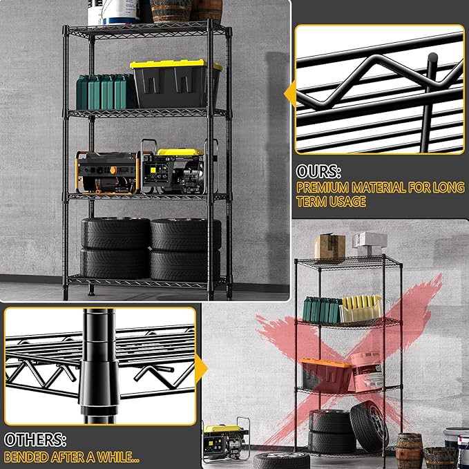 1000 lbs 4 Tier Shelf Metal Storage Shelves Shelving Wire Rack Heavy Duty Closet Organizers for Garage Kitchen Bathroom Laundry Black 15.7" D x 33.5" W x 59.5" H-Ruum Studio Home