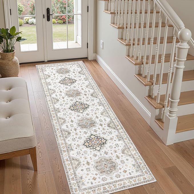 Washable 2x6 Runner Rug - Area Rugs Neutral Vintage Distressed Floral Farmhouse Boho Large Soft Floor Rug Indoor Carpet for Hallway Entryway Bedroom Kitchen - Blue Brown-Ruum Studio Home