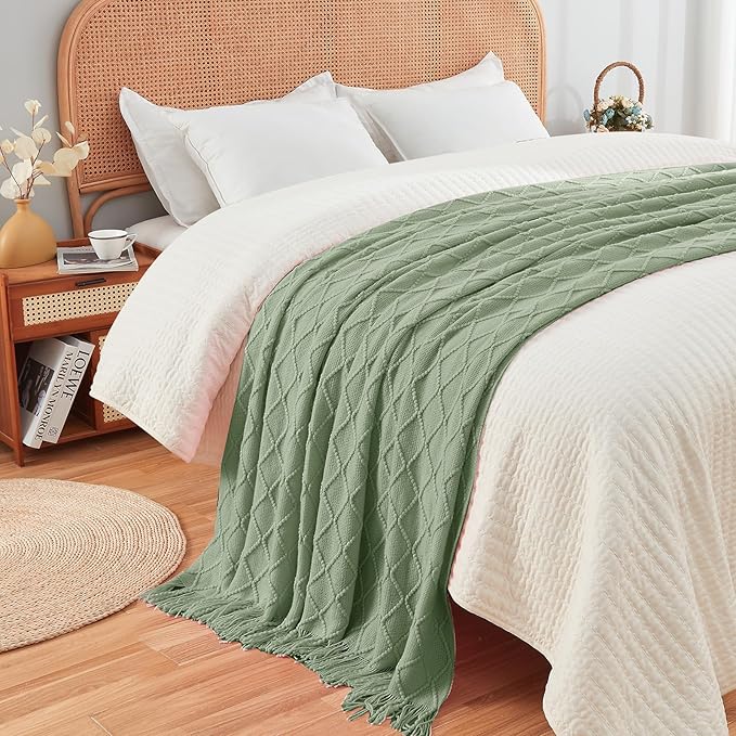 inhand Sage Green Throw Blanket for Couch, Soft Living Room Home Decor Knitted Blanket with Tassel, Outdoor Lightweight Breathable Summer Blanket, Farmhouse Warm Woven Decorative, 50"x60"-Ruum Studio Home