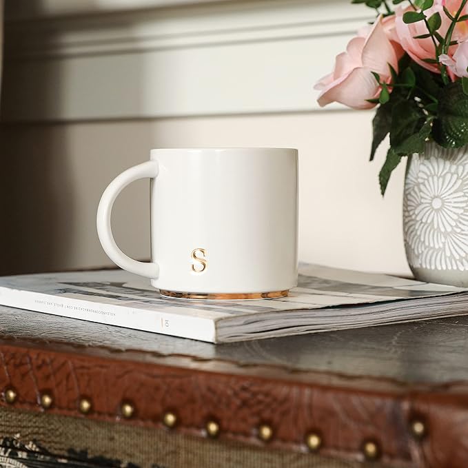 COLLECTIVE HOME - Monogram Ceramic Mugs, 15 oz Golden Initial Coffee Cups, Elegant Alphabet Tea Mugs, Elegant Personalized Mug with Gift Box, Luxurious Cups for Office and Home (s)-Ruum Studio Home
