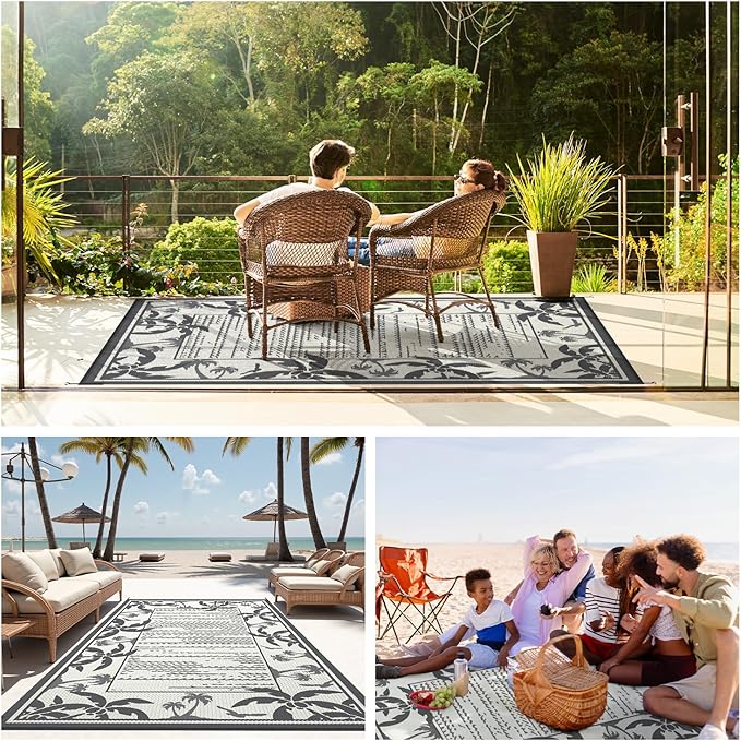 COCOER Outdoor-Rug 9x12 ft Waterproof Outdoor Plastic Straw Rug Reversible RV Indoor Outdoor Carpet Quick Dry Patio Rug Camping Mat for Balcony Backyard Picnic Beach-Grey&Beige-Ruum Studio Home