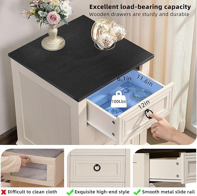 18" Farmhouse Night Stand with 3 Drawers, Wood End Table Dresser for Bedroom, White Nightstand, Bed Side Table with Metal Handle, Bedside Cabinet for Bedroom Living Room, Closet-Ruum Studio Home