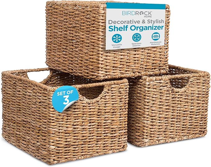 BIRDROCK HOME Storage Shelf Organizer Baskets with Handles - Handwoven Abaca Seagrass Wicker Basket for Pantry, Living Room, Office & Bathroom, Versatile Under Shelf Storage - Set of 3, Natural-Ruum Studio Home