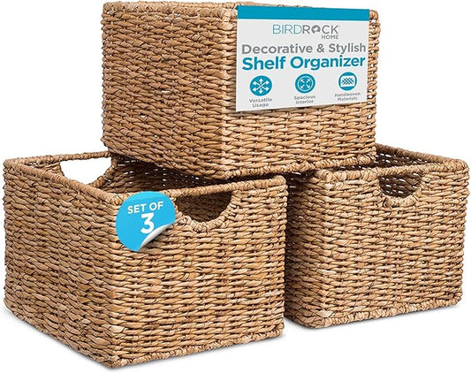 BIRDROCK HOME Storage Shelf Organizer Baskets with Handles - Handwoven Abaca Seagrass Wicker Basket for Pantry, Living Room, Office & Bathroom, Versatile Under Shelf Storage - Set of 3, Natural-Ruum Studio Home