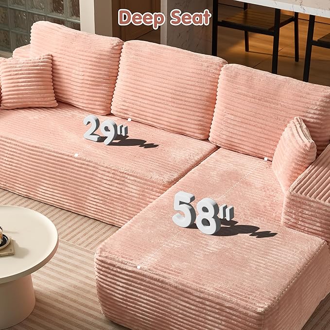ovios 104" Cloud Sectional Couch with L-Shape Chaise,Modern Modular Sofa with Deep Seat, Upholstered Couches for Living Room Bedroom,No Assembly Required, Pink (Plush Corduroy Fabric)-Ruum Studio Home