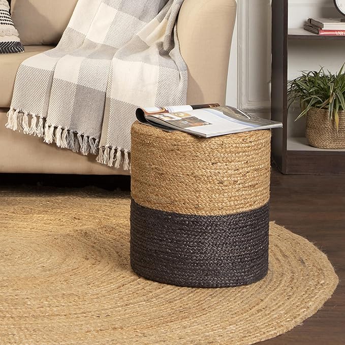 REDEARTH · Cylindrical Pouf Foot Stool Ottoman - Jute Braided Pouffe Poof Accent Sitting Footrest for The Living Room, Bedroom, Nursery, Patio, Lounge & Other Rooms (14.5”x14.5”x16”; Natural Gray)-Ruum Studio Home