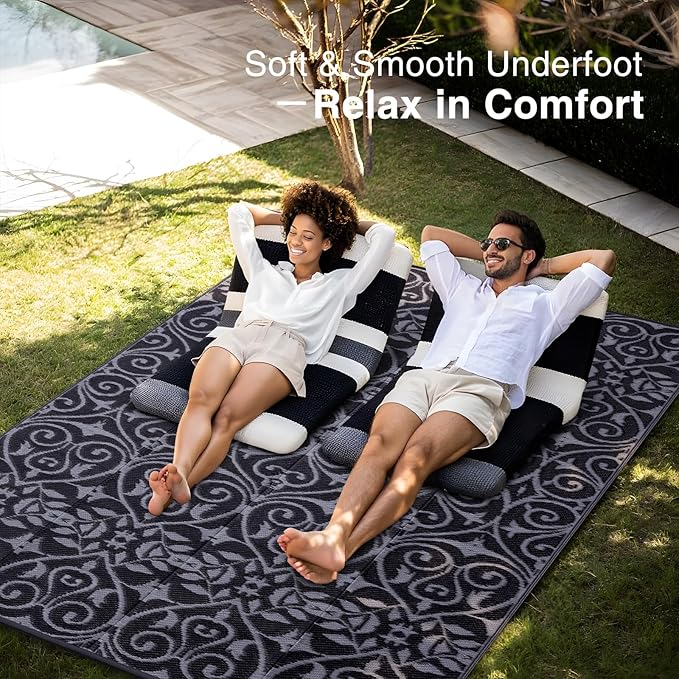 OLANLY Outdoor Rug Waterproof 9x12 ft Clearance, Reversible Outdoor Plastic Straw Rug with Floral Pattern, RV Mat for Patio, Camping, Balcony, Deck, Backyard, Black & Grey-Ruum Studio Home