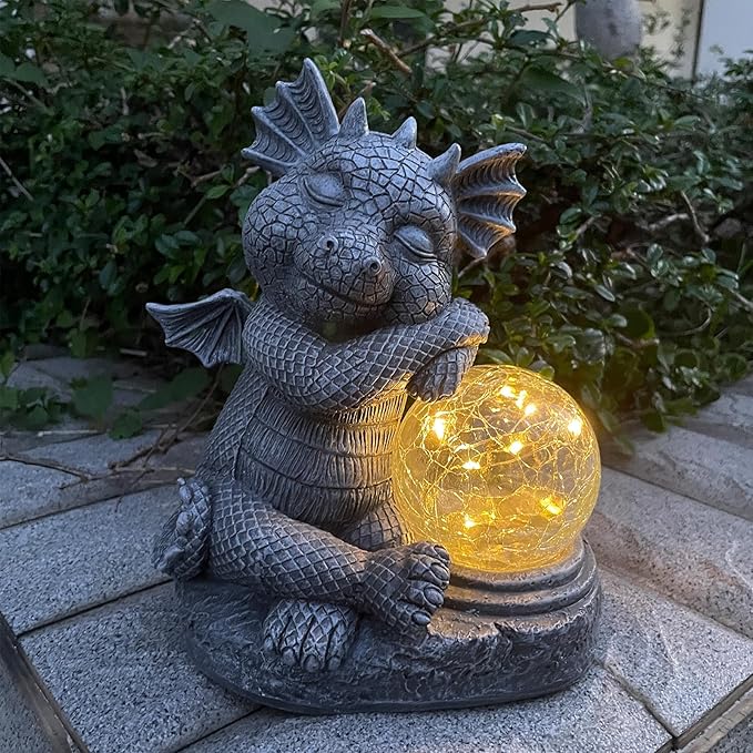 Garden Dragon Figurine Solar Powered Outdoor Cute Dragon with Hold Glowing Glass Ball Resin Sculpture for Porch Patio Lawn Farm Yard Home Decoration Gift for Women Housewarming-Ruum Studio Home